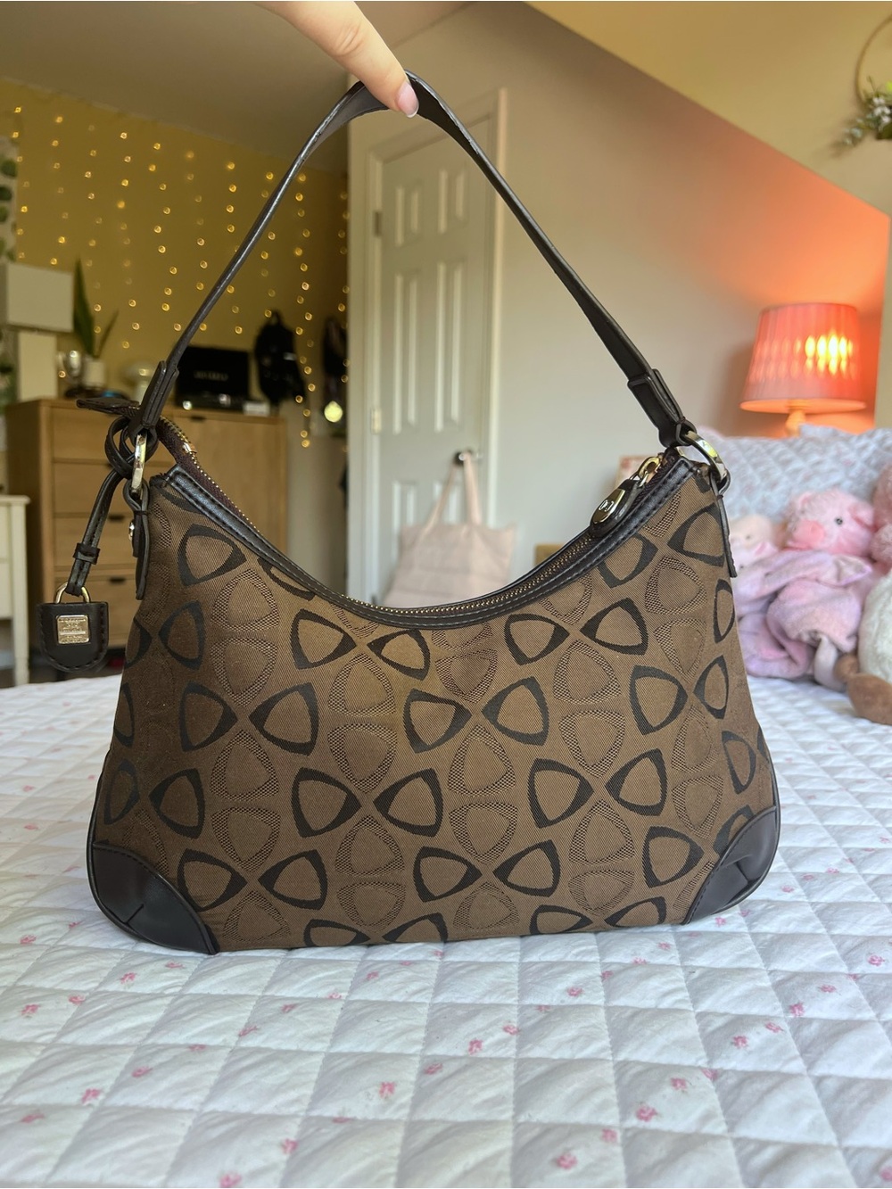 Vintage Y2K Liz Claiborne Brown Canvas Shoulder Bag Geometric Leather Trim Purse